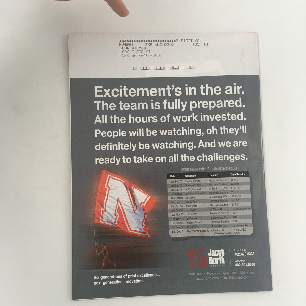 Back cover of the Huskers Illustrated October 31 2009 Vol 29 #14 magazine, featuring a Nebraska Cornhuskers logo and a football schedule, emphasizing the excitement of the season.