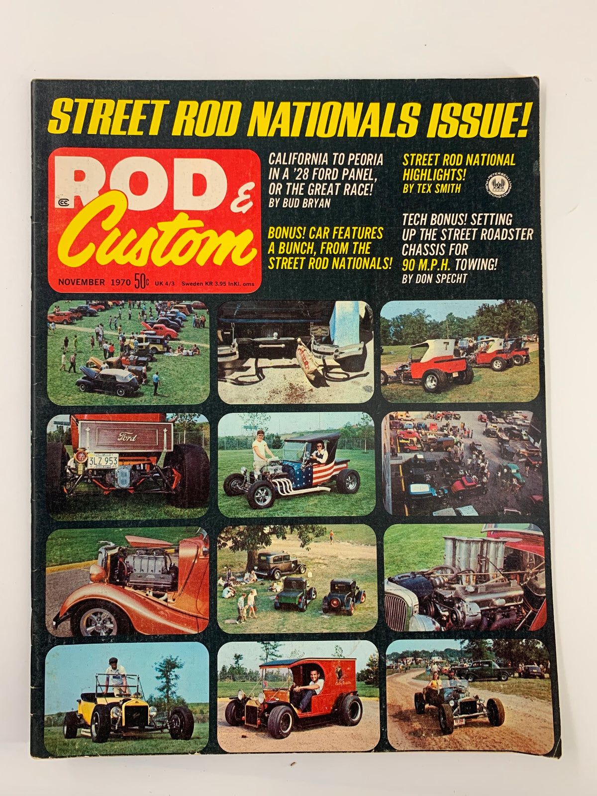 Cover of VTG Rod & Custom Magazine November 1970 featuring a vibrant collage of classic cars, highlighting a journey from California to Peoria in a '28 Ford Panel, showcasing the Street Rod Nationals.
