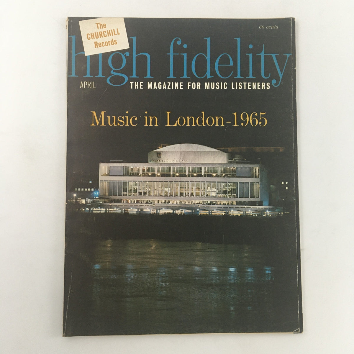 Cover image of VTG High Fidelity Magazine April 1965 featuring 'Music in London-1965', showcasing a prominent music venue with a night view and text highlighting its focus on the London music scene.
