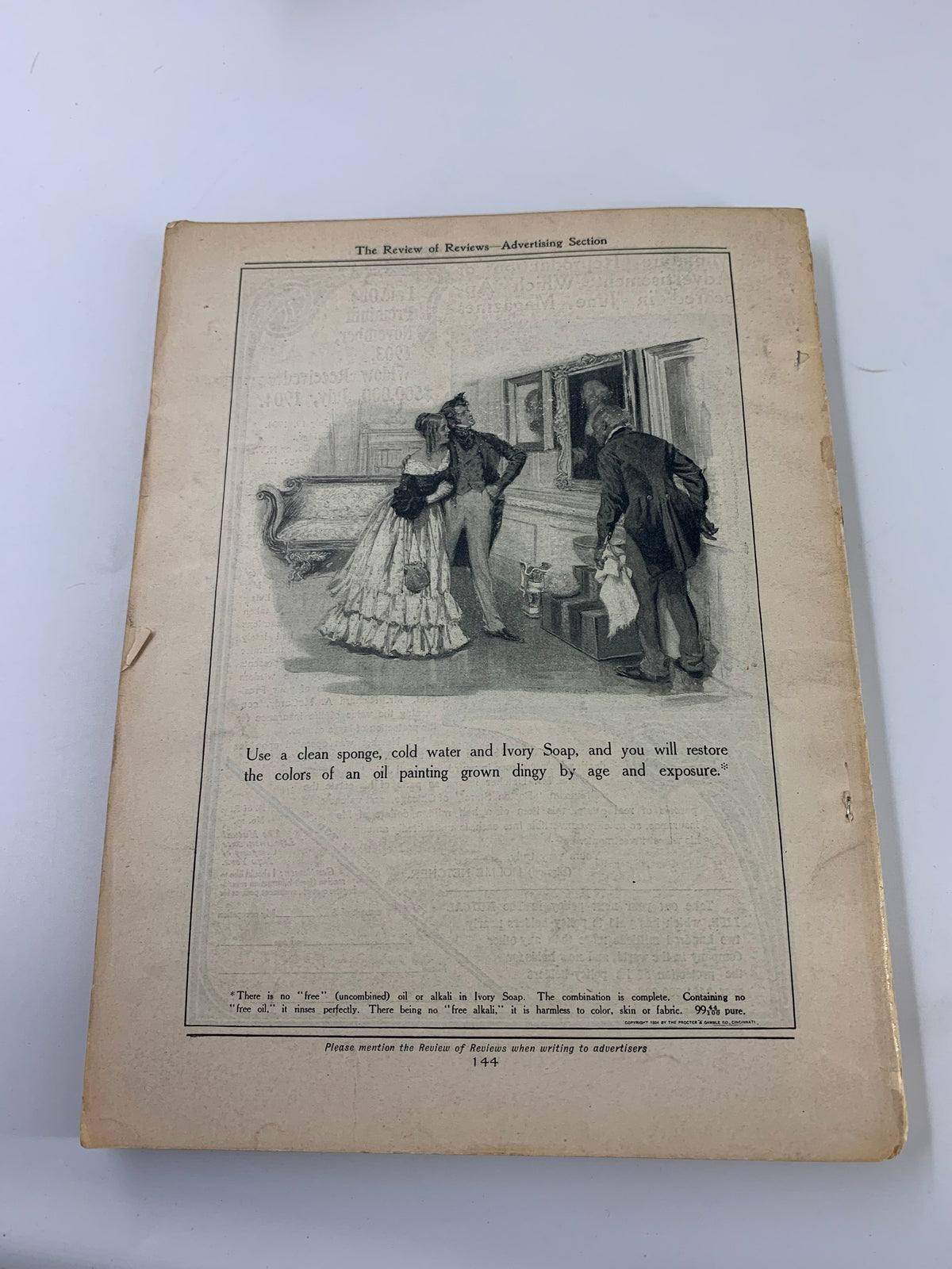 Back cover of VTG The American Monthly Magazine October 1904 showing an advertisement for Ivory Soap, featuring an illustration depicting a woman and two children, focused on restoring art pieces.