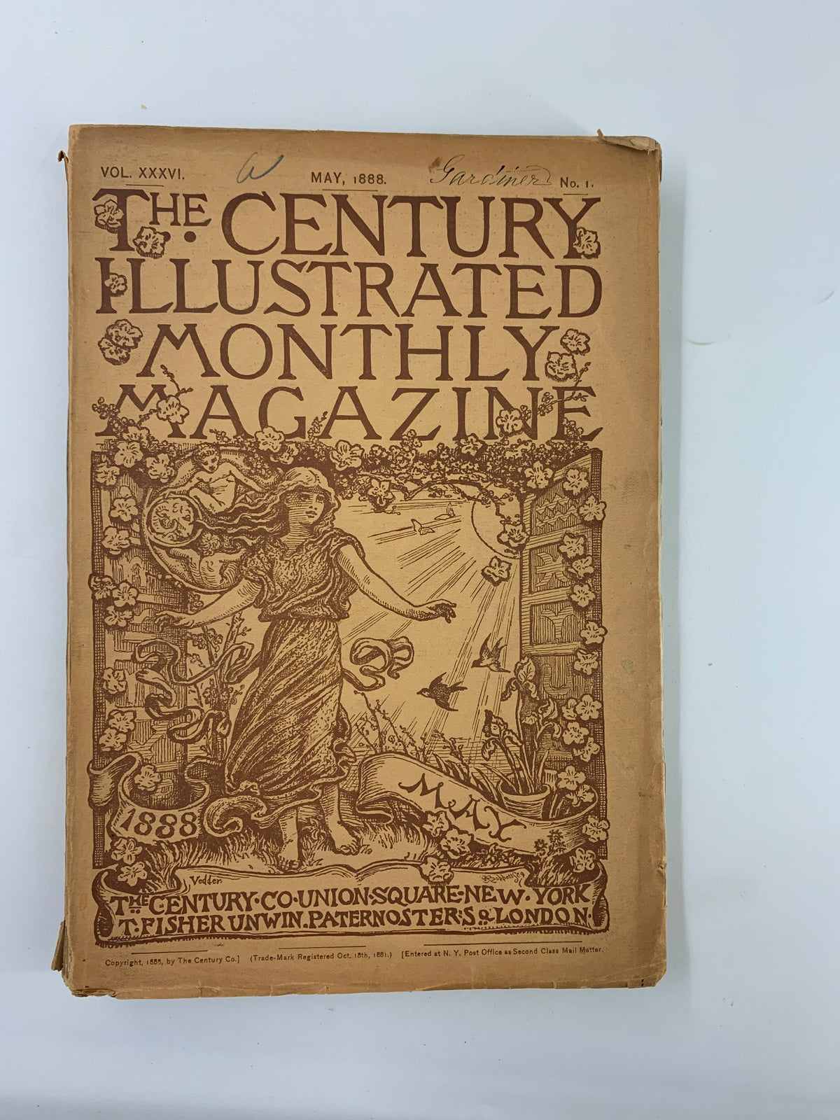 Cover page of The Century Illustrated Magazine May 1888 featuring intricate illustrations and decorative elements, emphasizing its historic value.