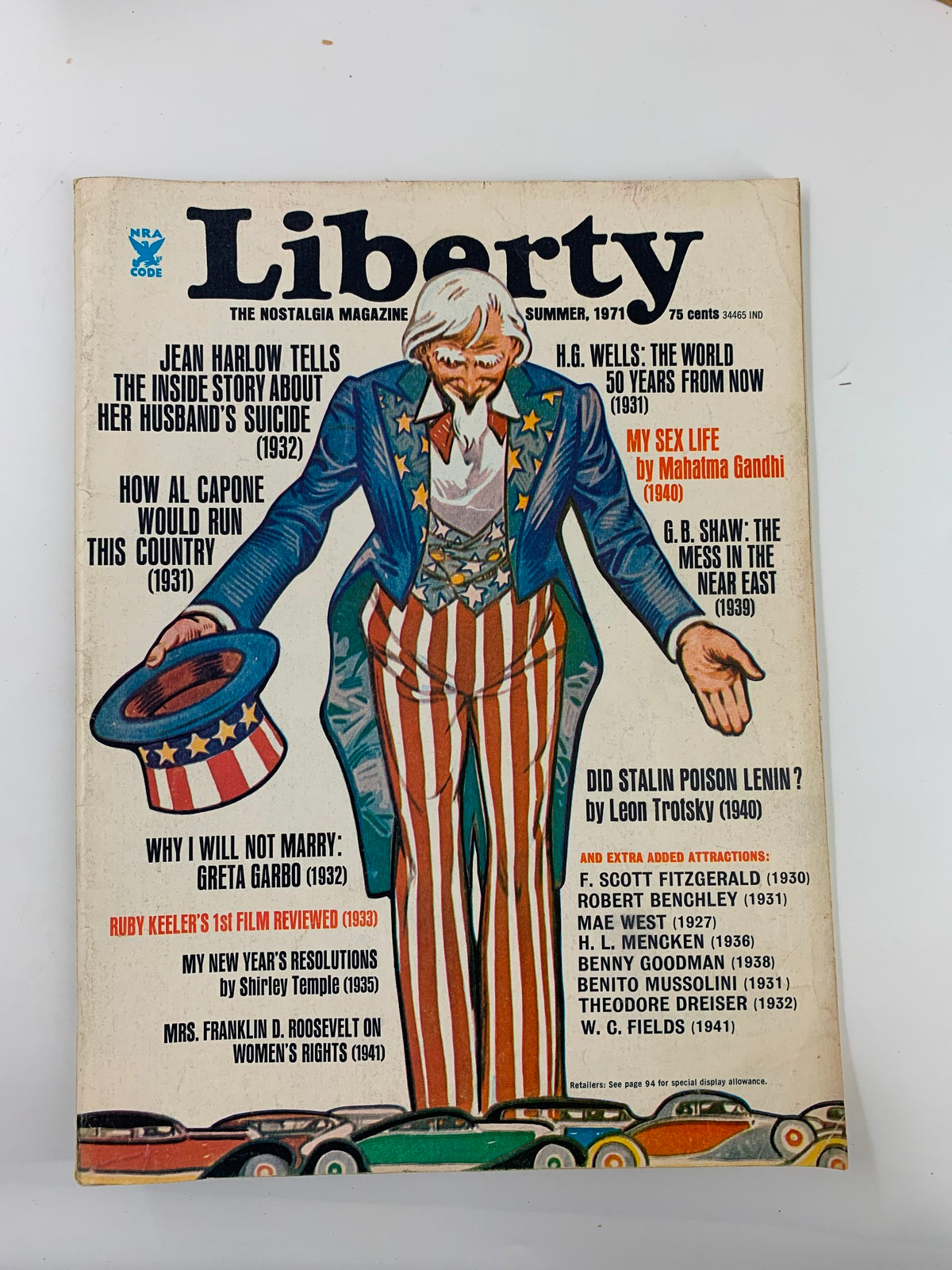 Cover of VTG Liberty Magazine Summer 1971 featuring the title 'How Al Capone Would Run This Country.' The eye-catching design showcases Uncle Sam in a patriotic outfit, encapsulating intriguing themes of politics and crime in the early 1970s. Ideal for collectors and history enthusiasts.