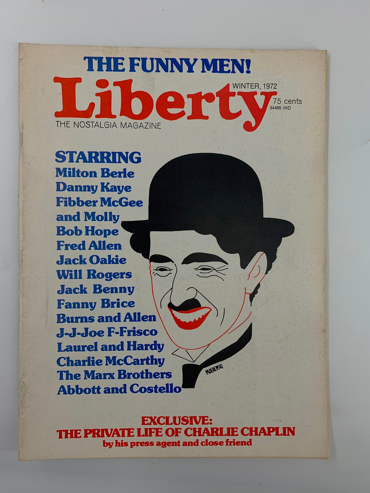 Cover of VTG Liberty Magazine Winter 1972 featuring 'The Private Life of Charlie Chaplin'. The magazine highlights famous comedians such as Milton Berle, Danny Kaye, and Bob Hope, with a colorful illustration of Charlie Chaplin on the front.