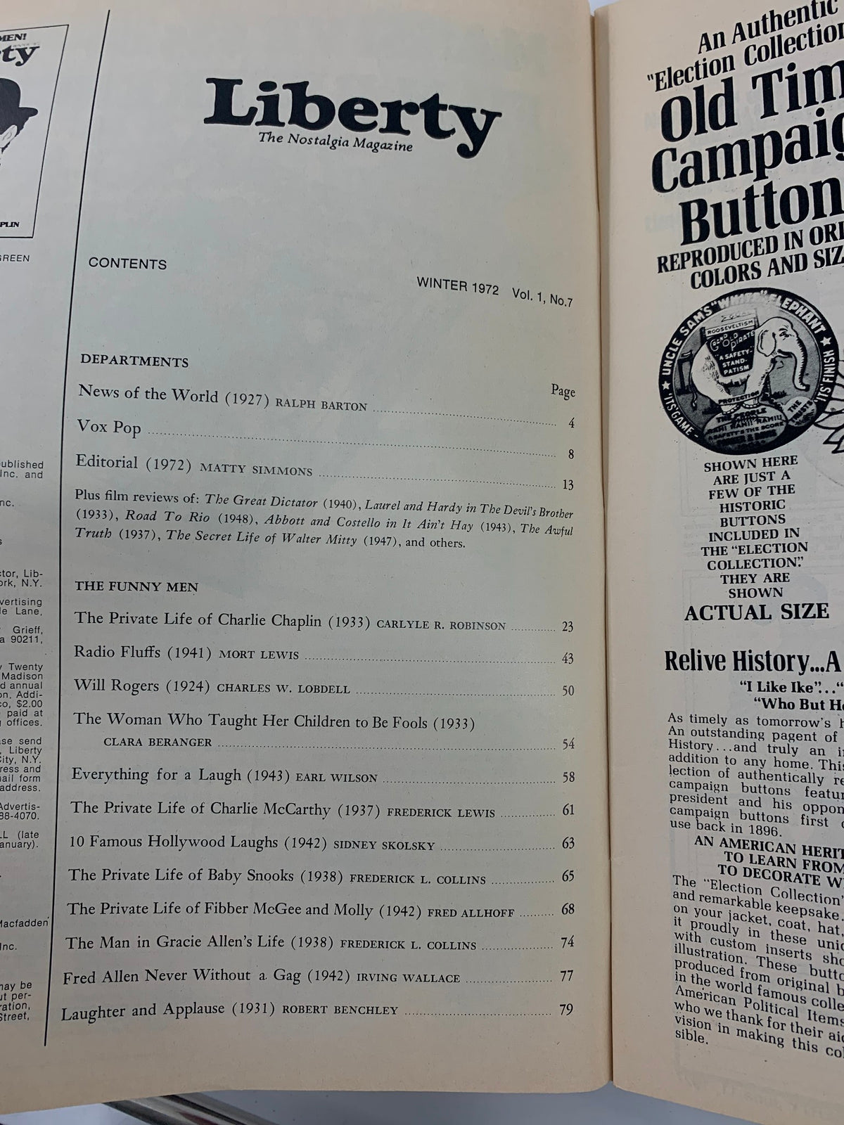 Interior page of VTG Liberty Magazine Winter 1972 featuring contents list, articles about Charlie Chaplin, and a vintage advertisement. The magazine is titled 'Liberty: The Nostalgia Magazine', emphasizing its nostalgic theme.