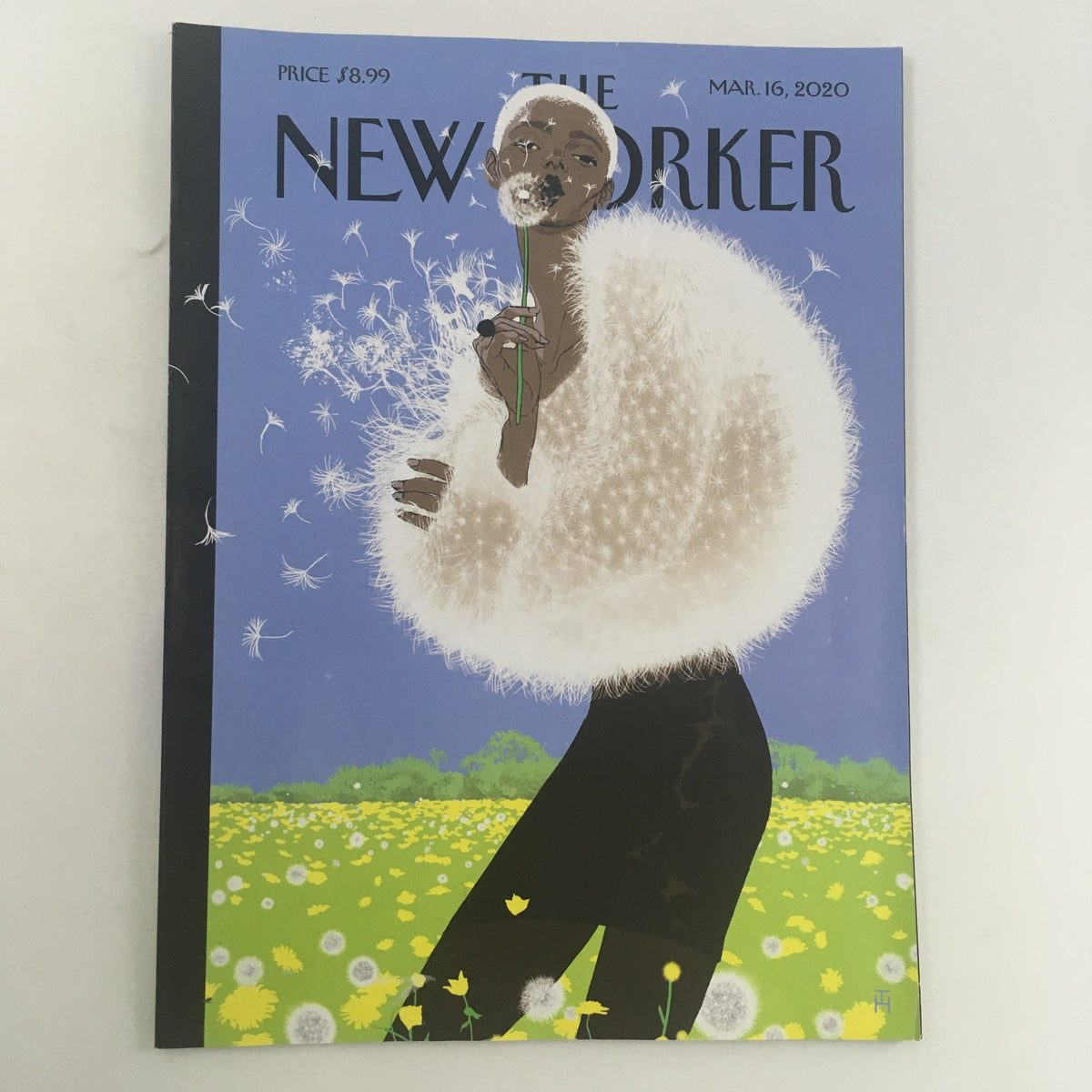The New Yorker March 16 2020 Full Magazine Theme Cover by Tomer Hanuka, featuring a woman in a fluffy white coat against a vibrant blue sky and dandelions, showcasing contemporary art and culture.