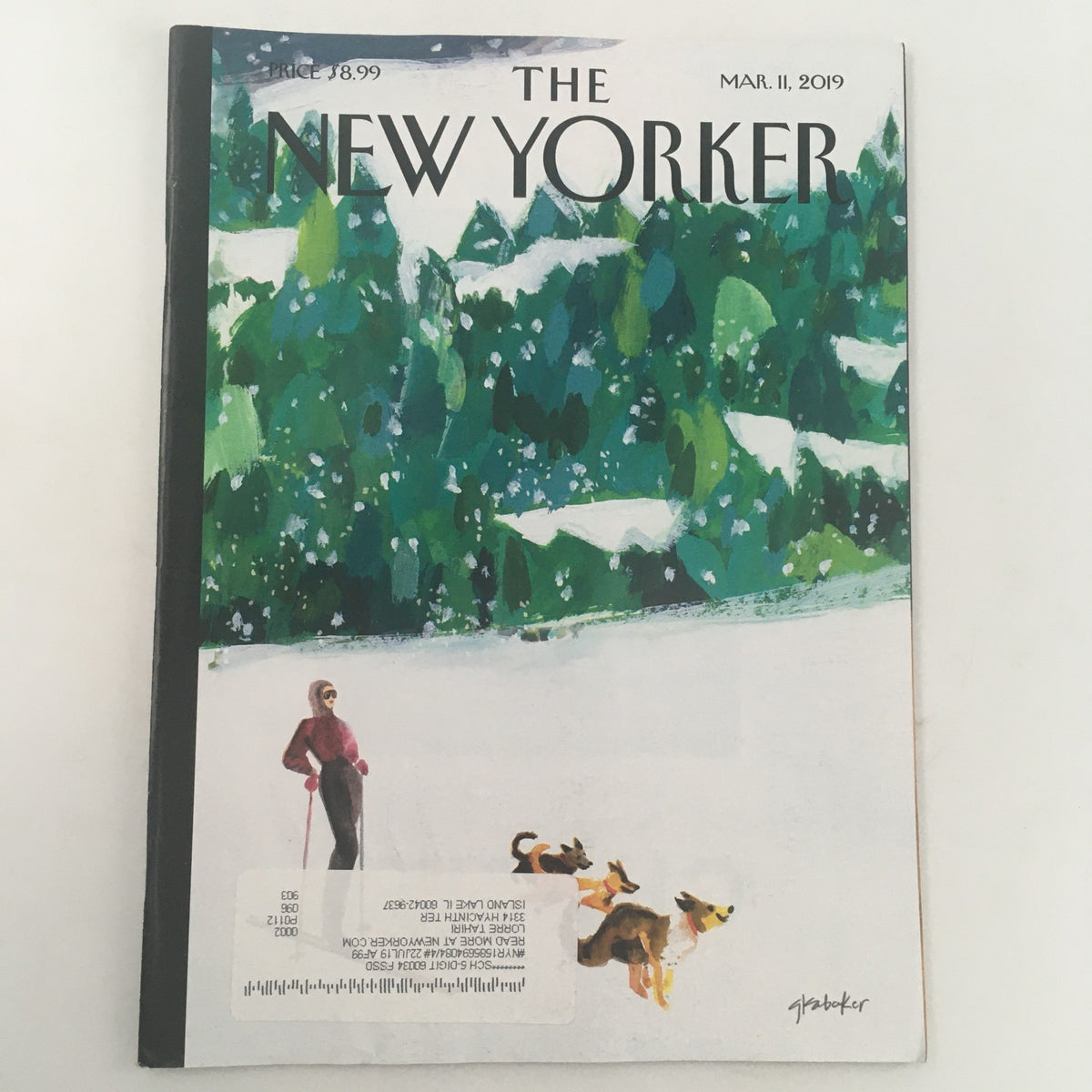 The New Yorker March 11 2019 Full Magazine Theme Cover by Gayle Kabaker featuring a winter scene with a woman and two dogs amid snow-covered trees.