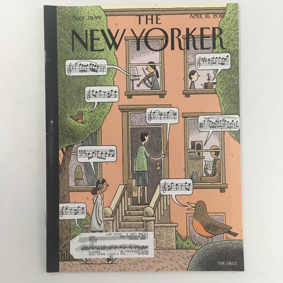 The New Yorker April 16 2018 Full Magazine Theme Cover by Tom Gauld featuring whimsical illustrations with characters in conversation, musical notes, and a charming residential setting, ideal for collectors and fans of vintage magazines.