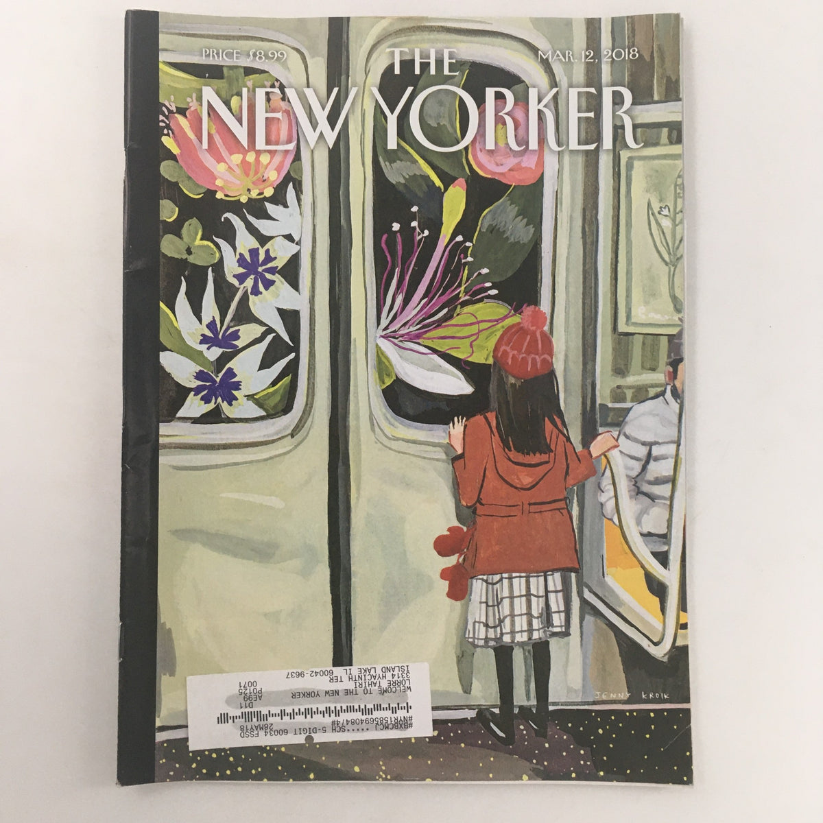 The New Yorker March 12 2018 Full Magazine Cover by Jenny Kroik, featuring vibrant floral illustrations and a person standing in a subway setting, showcasing creative artwork that reflects contemporary culture.