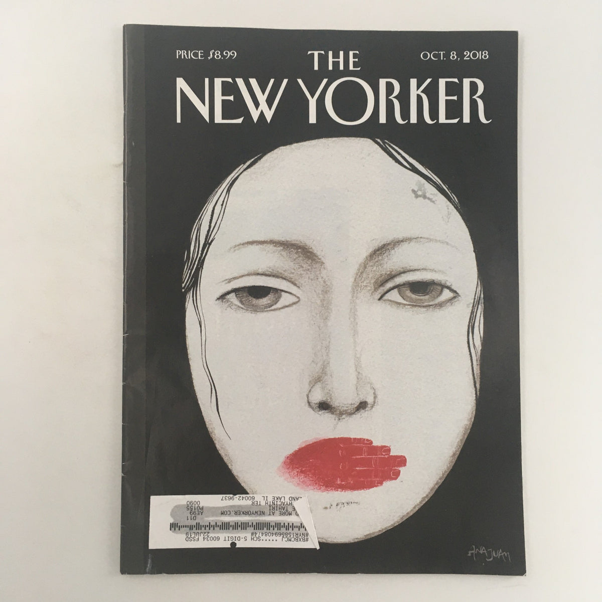The New Yorker October 8 2018 Full Magazine cover illustrated by Ana Juan. The cover features a striking depiction of a woman's face with red lips and a solemn expression, encapsulating contemporary art and storytelling.