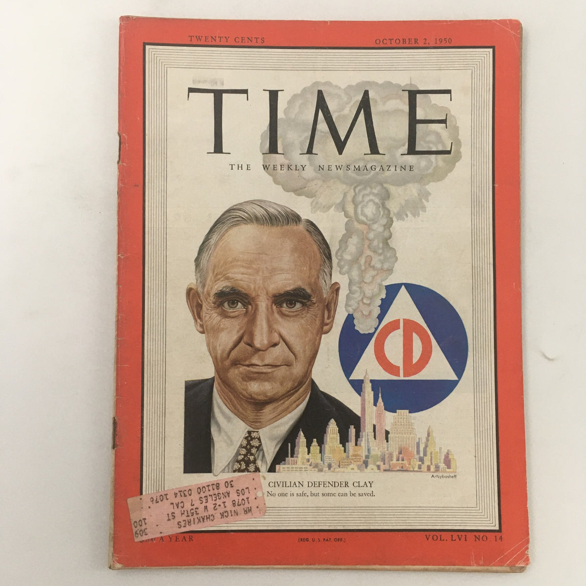 Vintage Time Magazine cover from October 2, 1950, featuring Senior Officer Defender Lucius D. Clay, highlighting post-World War II America with a depiction of the Civil Defense emblem.