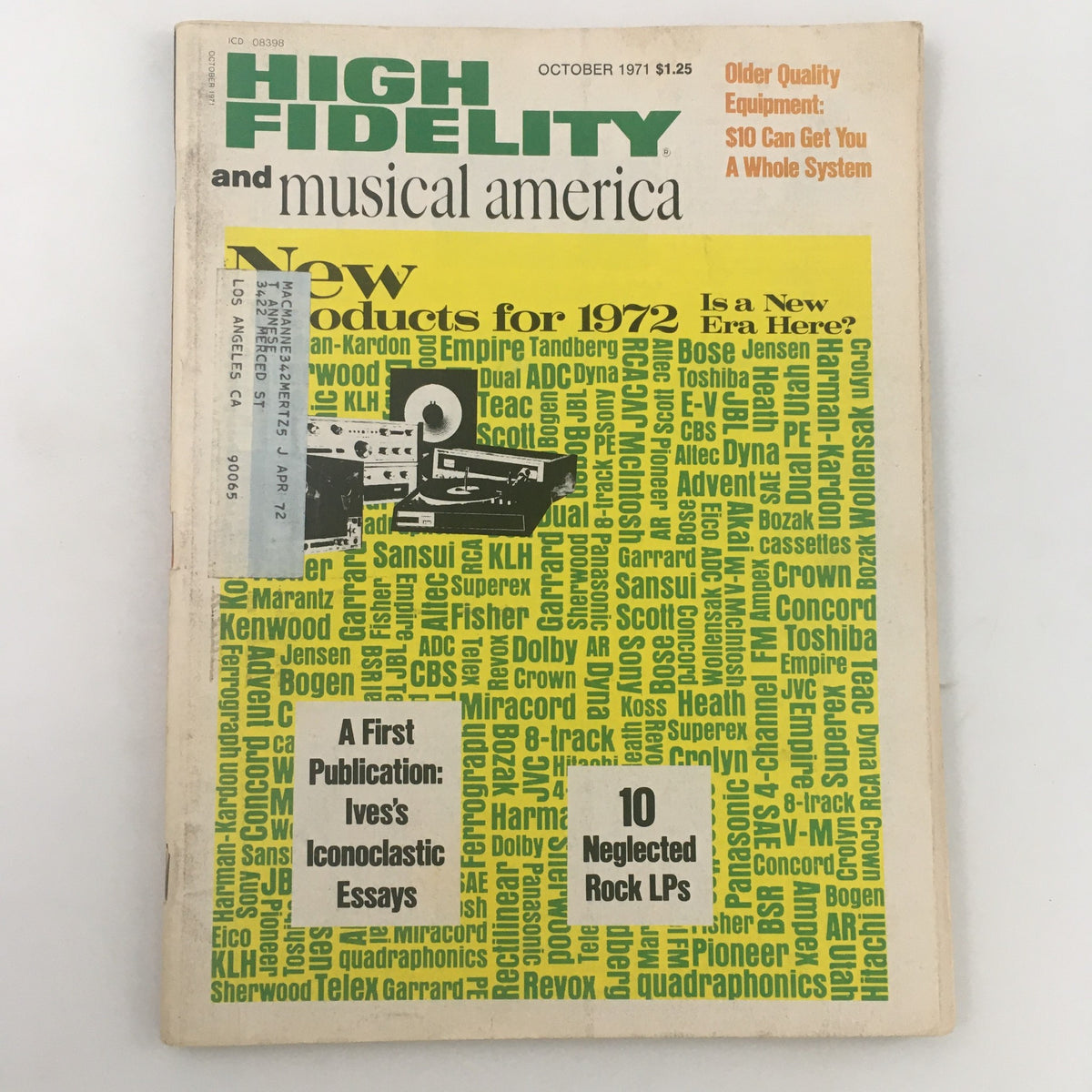 High Fidelity Magazine October 1971 edition featuring Ives's Iconoclastic Essays. Cover highlights new products for 1972 and discusses neglected rock LPs.