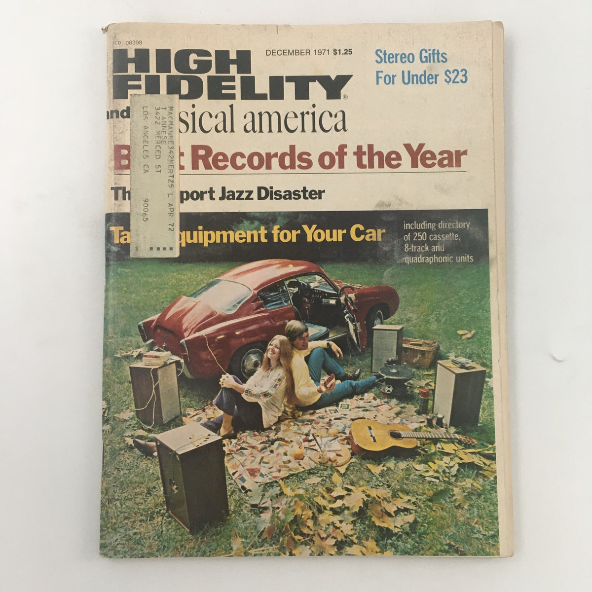 Cover of VTG High Fidelity Magazine December 1971 featuring a couple sitting on a picnic blanket with audio equipment and a vintage car in the background, showcasing the directory of 250 cassette and 8-track units.