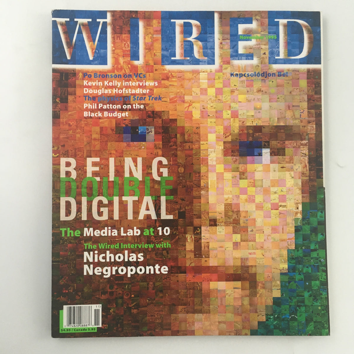 Cover of Wired Magazine November 1995 highlighting 'Being Double Digital' with an interview featuring Nicholas Negroponte, showcasing the aesthetics of early digital culture.