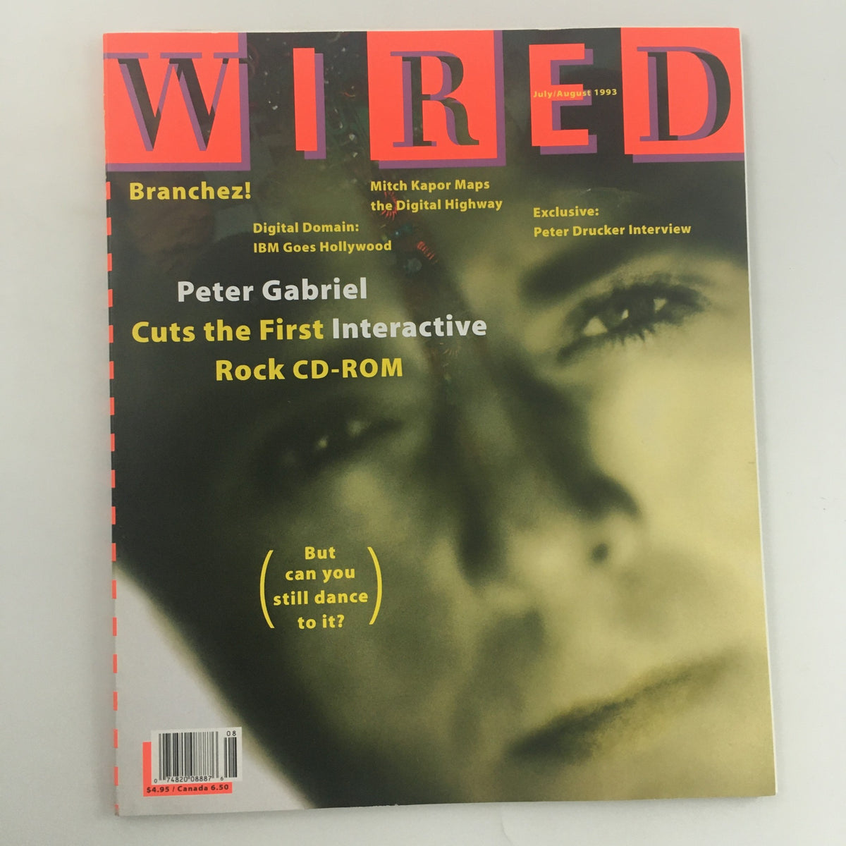 Wired Magazine July August 1993 featuring Peter Gabriel on the cover, highlighting the first interactive CD-ROM in rock music history. Visually striking with bold headlines and an engaging design, this vintage magazine captures a pivotal moment in multimedia evolution.