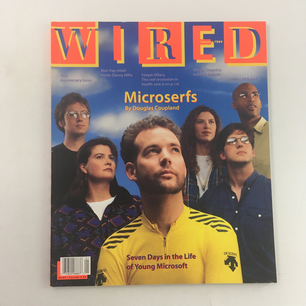Wired Magazine January 1994 cover featuring 'The Young Microserfs' by Douglas Coupland. The cover displays a group of young adults engaged with technology, symbolizing the digital age, alongside headlines on technology and culture.