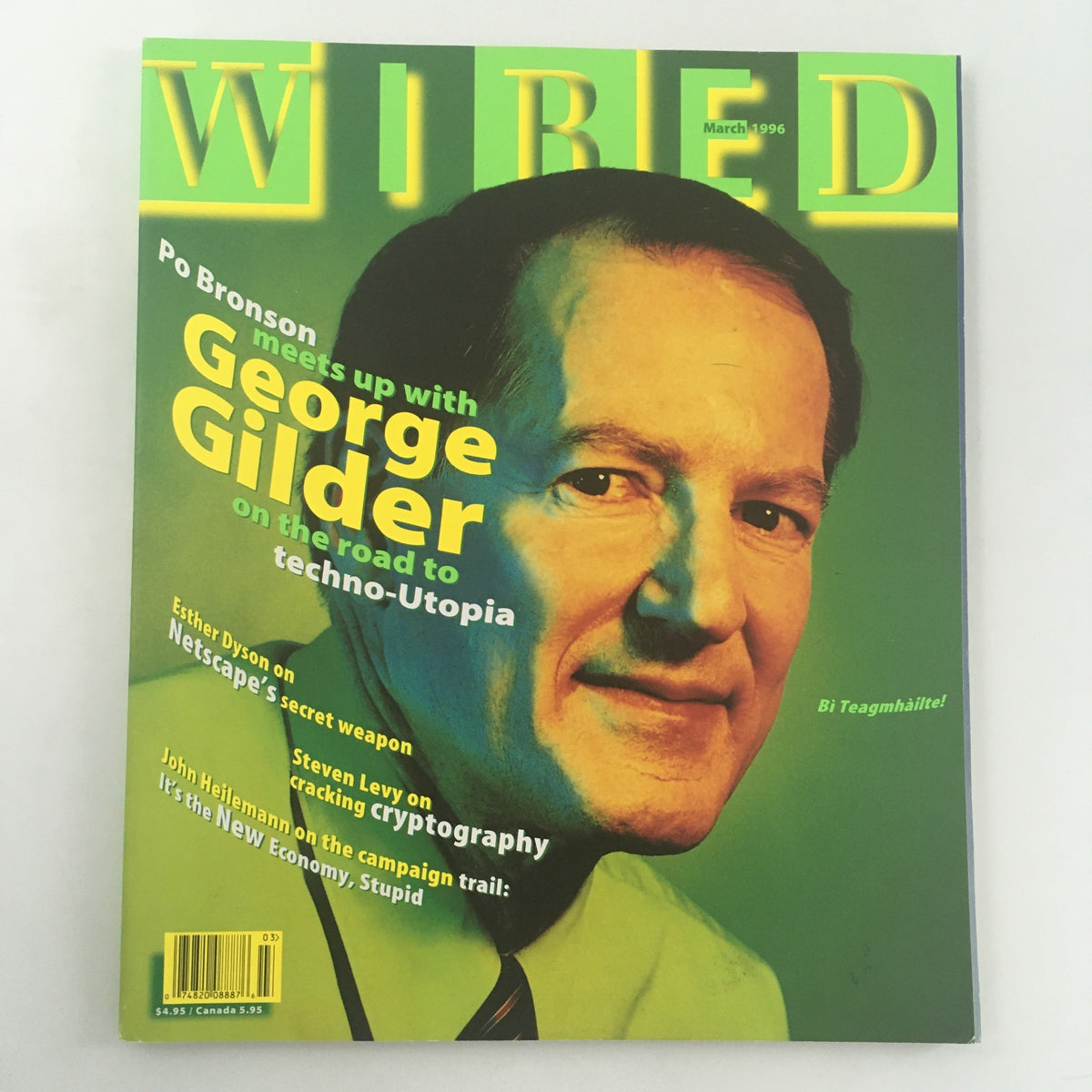 Cover of Wired Magazine, March 1996 featuring Po Bronson and George Gilder on the road to techno-Utopia, capturing the essence of 90s technology and culture.