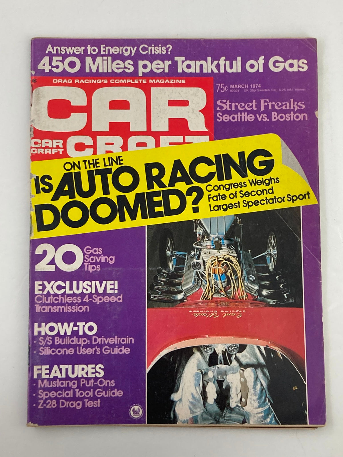 Cover of VTG Car Craft Magazine March 1974 Vol 22 #3 featuring Sherm Gunn's AA/A drag racing car with an eye-catching title and headlines about auto racing.