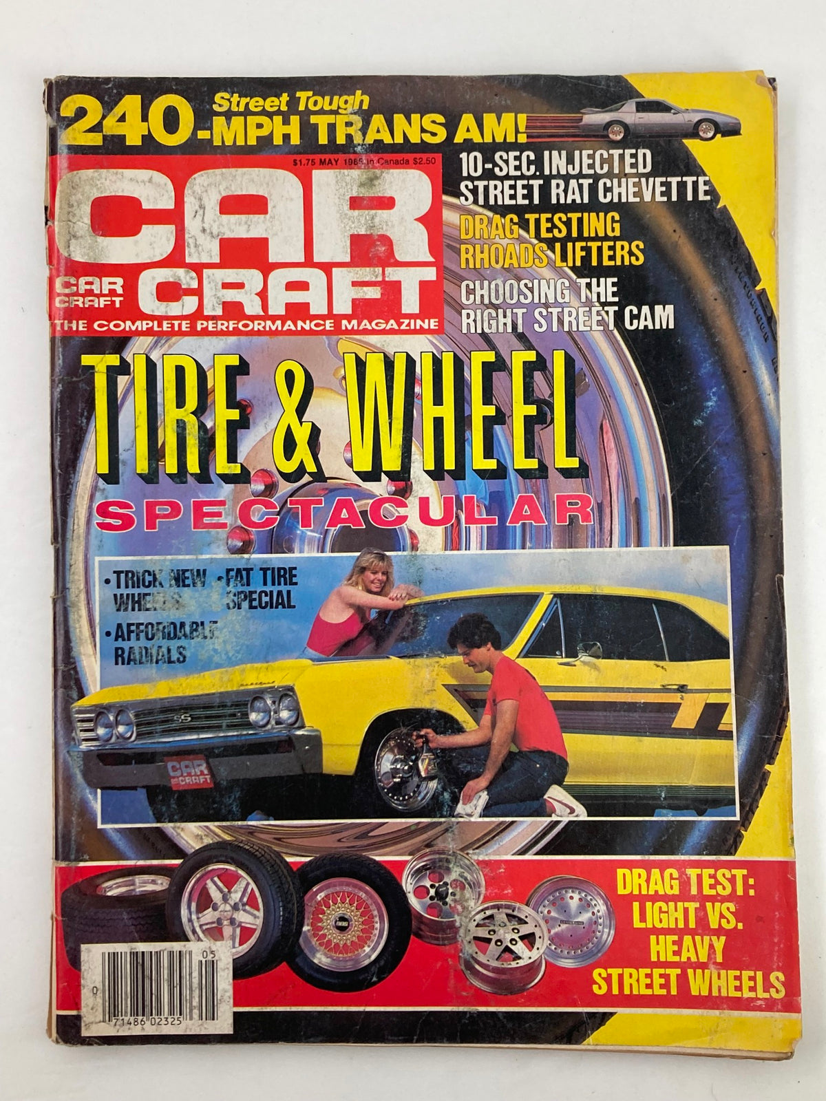 Cover of VTG Car Craft Magazine May 1985 Vol 33 #5 featuring Glen Jones' Chevelle in yellow, showcasing automotive performance. The magazine title prominently displayed with related articles highlighted.
