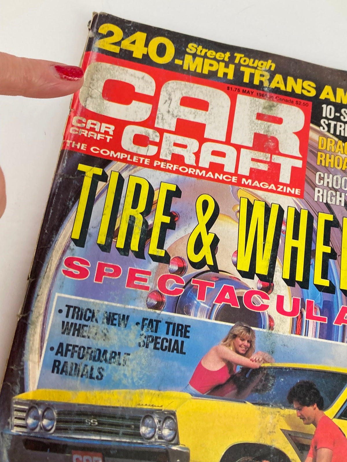 Close-up of the cover of VTG Car Craft Magazine May 1985 Vol 33 #5 featuring Glen Jones' yellow Chevelle, emphasizing the magazine's title and feature articles on automotive performance.