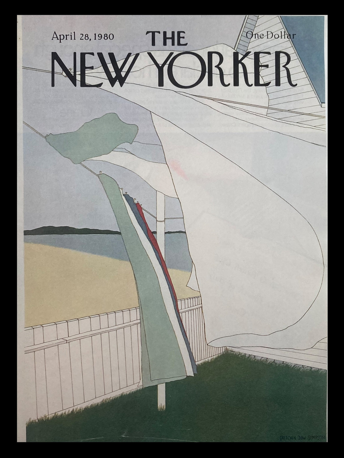 Cover of The New Yorker dated April 28, 1980, titled 'Laundry Day' by Gretchen Dow Simpson, featuring whimsical illustration of laundry blowing in the wind with a beach background.