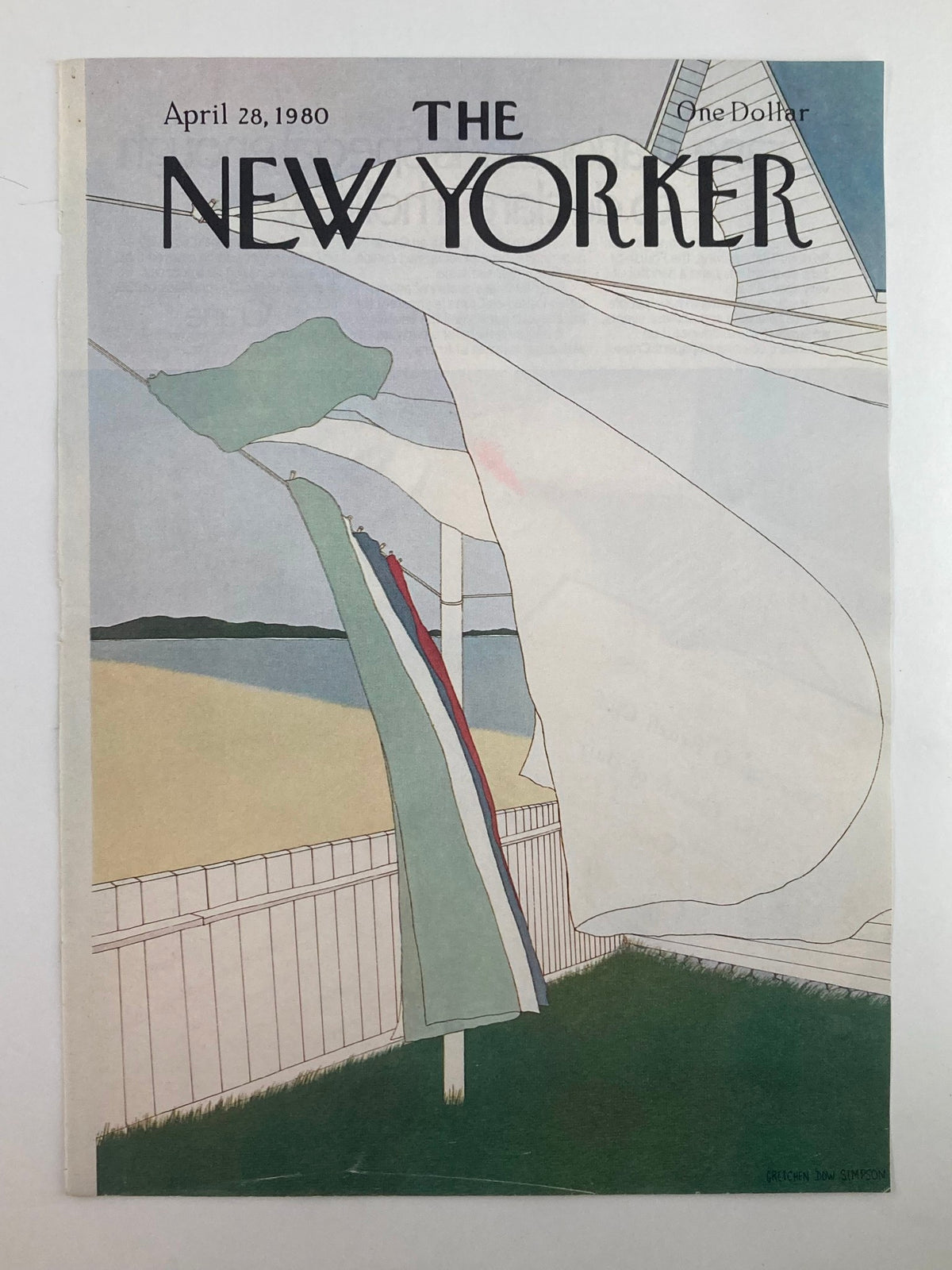 Cover of The New Yorker dated April 28, 1980, titled 'Laundry Day' by Gretchen Dow Simpson, showing a vibrant illustration of laundry hanging with a coastal scene.