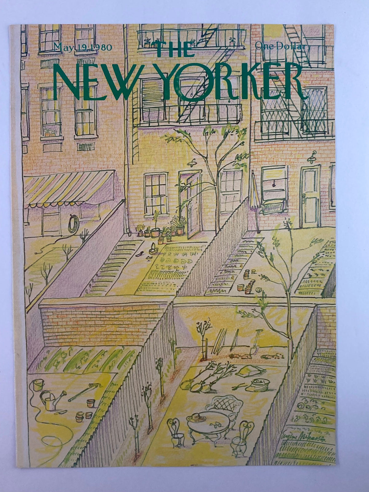Cover of The New Yorker May 19, 1980 displaying a charming illustration of backyard gardening by Eugene Mihaesco, highlighting garden plots, decorative plants, and a serene outdoor atmosphere.
