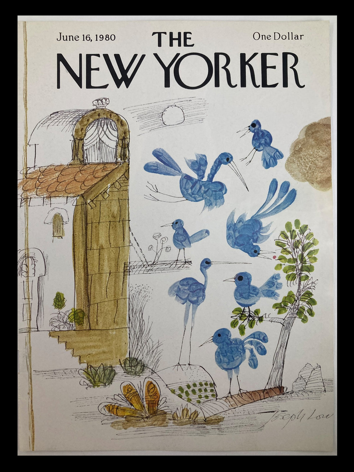 Cover Only of The New Yorker from June 16, 1980, featuring artistic blue birds by Joseph Lowe, showcasing a charming vintage design.