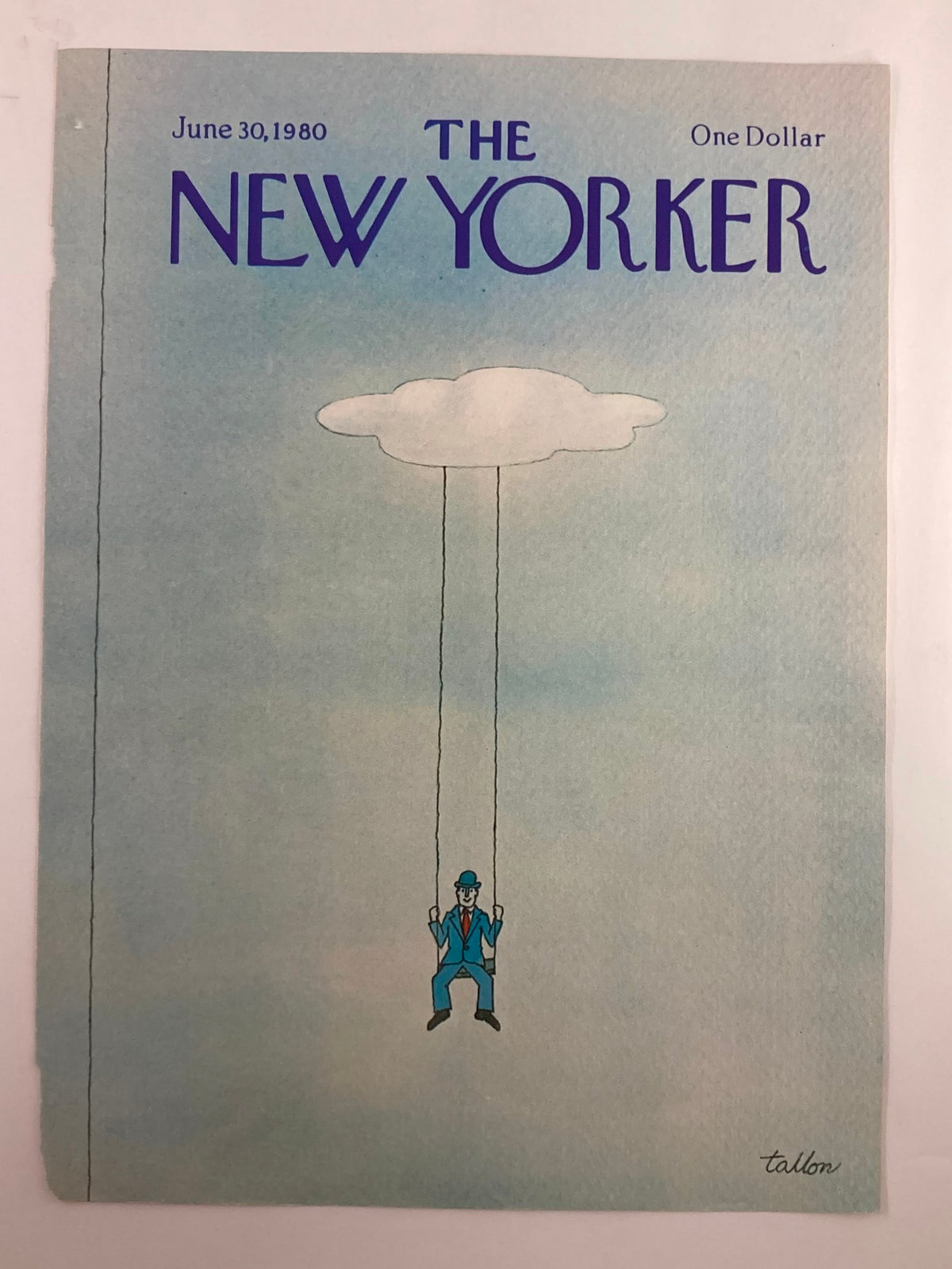 Close-up view of The New Yorker Cover June 30 1980 with 'Hanging in the Clouds' illustration, showcasing vibrant colors and whimsical design by Robert Tallon.
