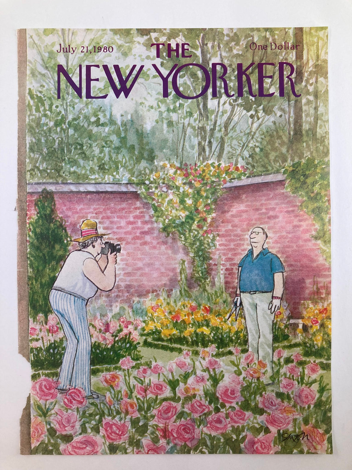 Cover of The New Yorker dated July 21, 1980, showcasing 'Flower's Blooming' by Charles Saxon, illustrating two figures in a vibrant flower garden.
