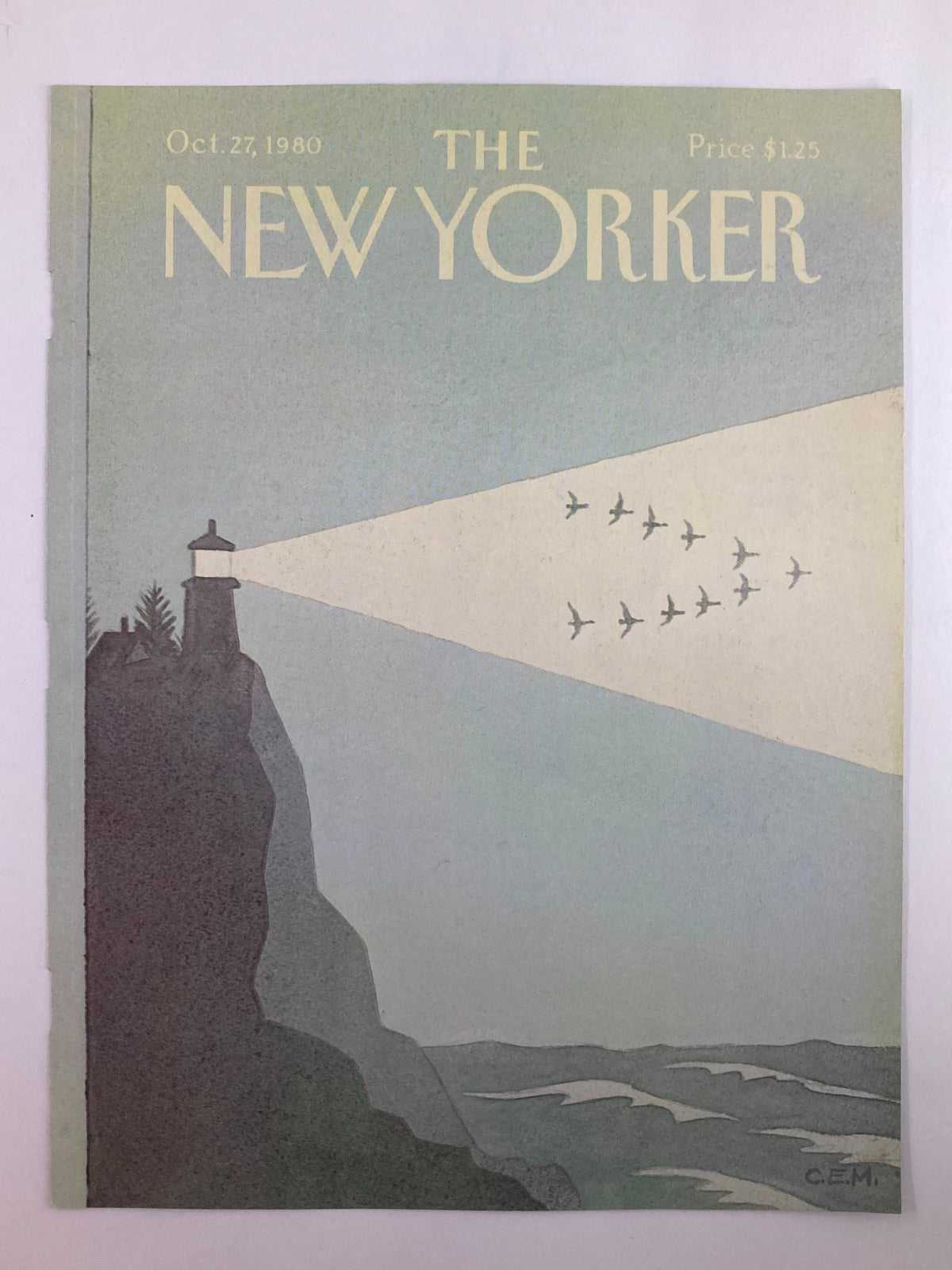 Cover of The New Yorker, October 27, 1980, showcasing a lighthouse artwork by Charles E. Martin, with calming ocean views and a light beam illuminating the scene.