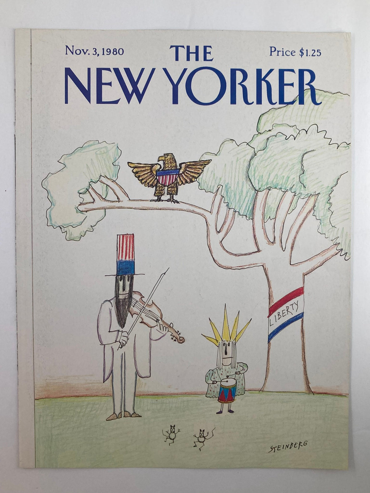 The New Yorker magazine cover from November 3, 1980 depicting Uncle Sam and Lady Liberty in a whimsical scene, illustrated by Saul Steinberg.