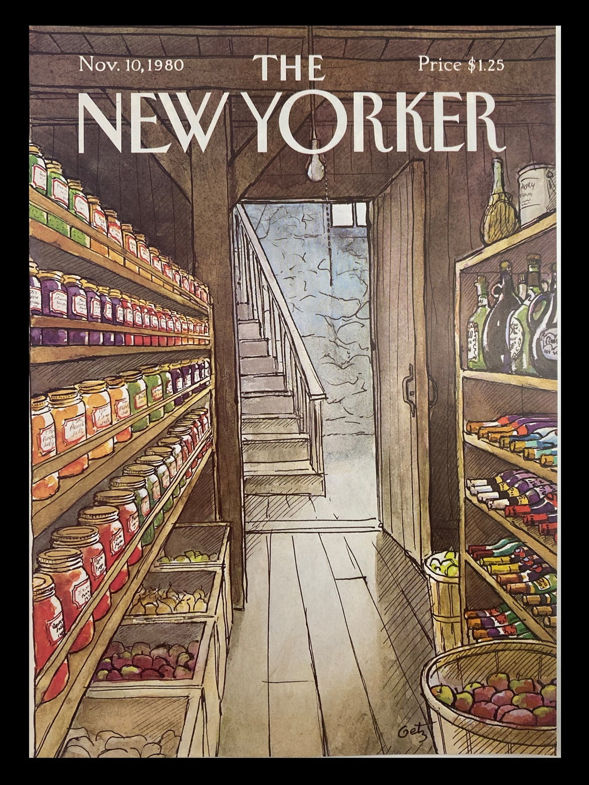 Cover of The New Yorker magazine dated November 10, 1980, featuring an illustration of a food cellar with shelves of jars and products, designed by Arthur Getz.