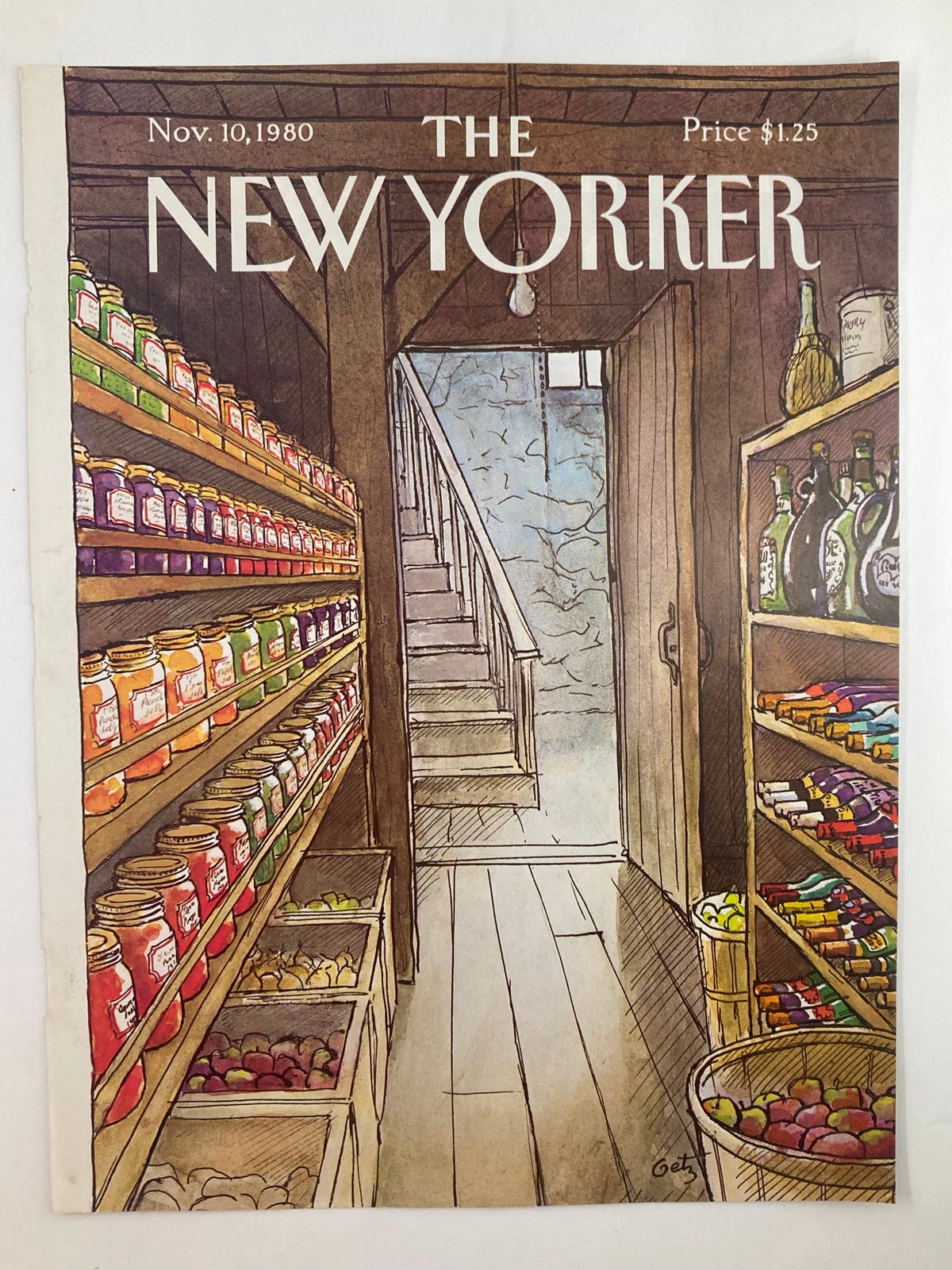 Cover of The New Yorker magazine from November 10, 1980, showcasing an illustrated food cellar filled with jars and items, created by artist Arthur Getz.