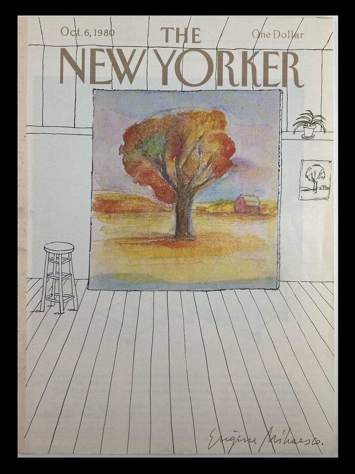 Cover only of The New Yorker dated October 6, 1980 featuring a tree painting by Eugene Mihaesco, showcasing a colorful autumn landscape with a stool and artworks in a gallery setting.