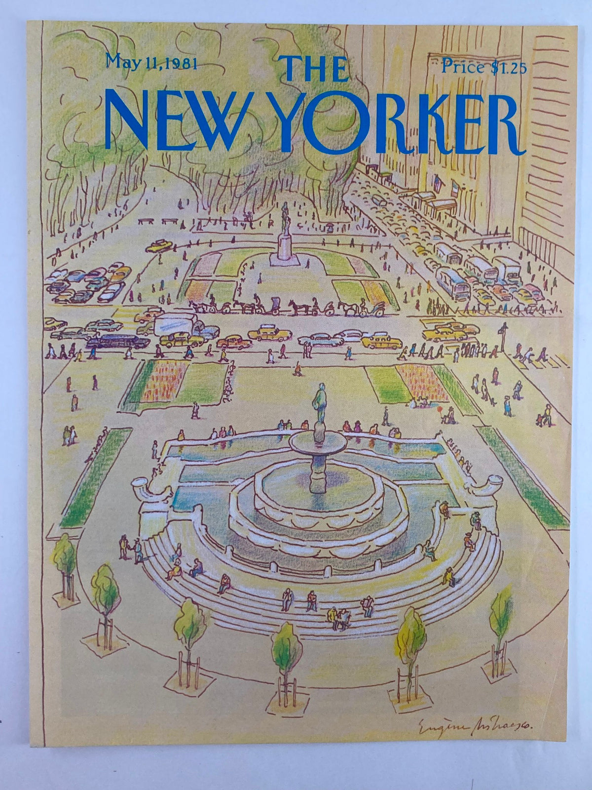 Cover of The New Yorker dated May 11, 1981, featuring an artistic depiction of the Plaza New York by Eugene Mihaesco, showcasing the fountain and surrounding area.