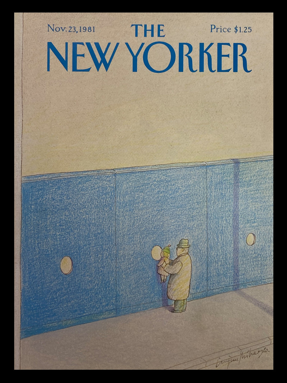 Cover of The New Yorker, November 23, 1981, titled 'What's In There' by Eugene Mihaesco, featuring a man with a child in front of a blue wall.