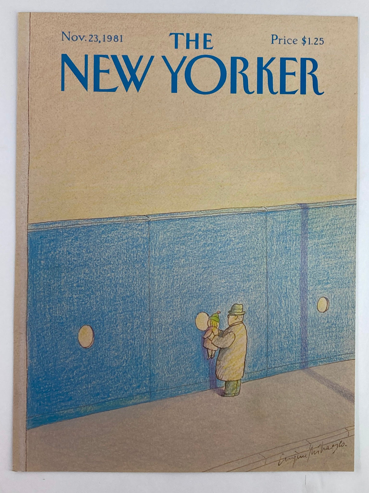 Cover of The New Yorker, November 23, 1981, titled 'What's In There' by Eugene Mihaesco, illustrating a man holding a child next to a blue wall with circular cutouts.