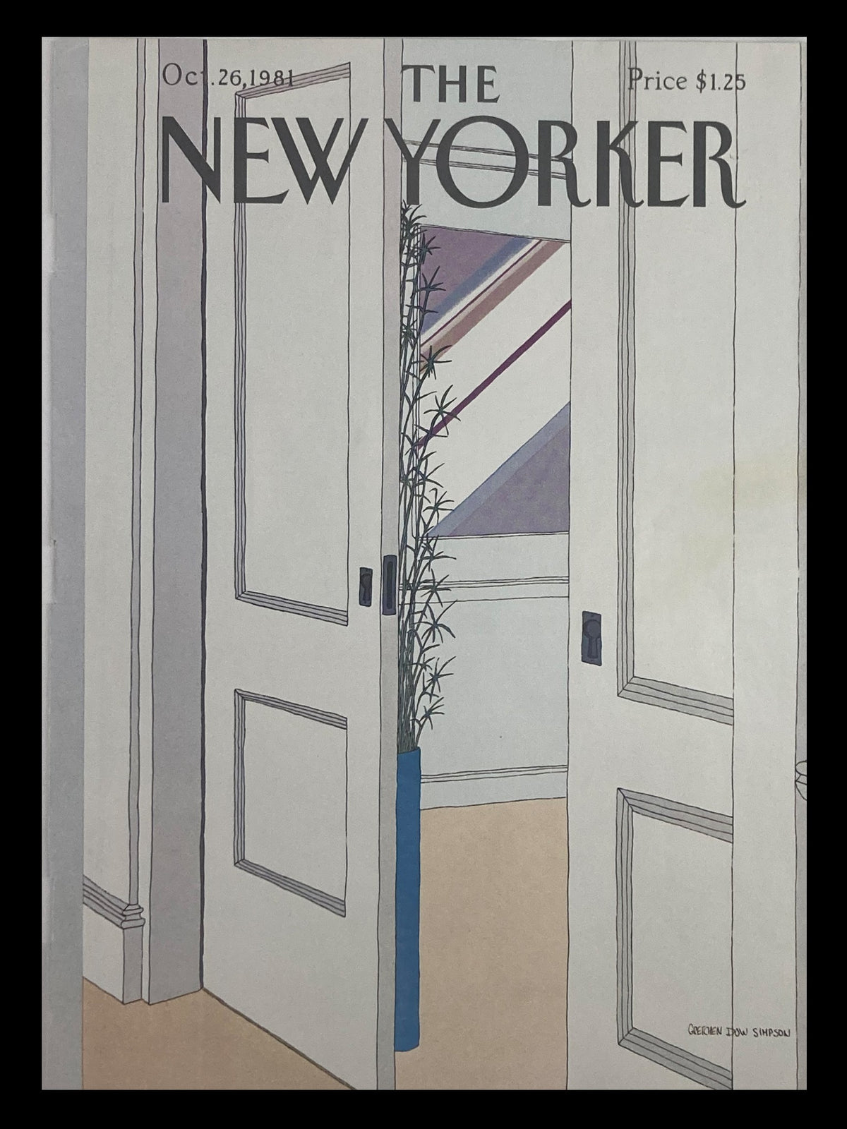 Cover of The New Yorker magazine from October 26, 1981, featuring artwork titled 'Open Door' by Gretchen Dow Simpson, depicting an interior scene with two open doors and a potted plant.