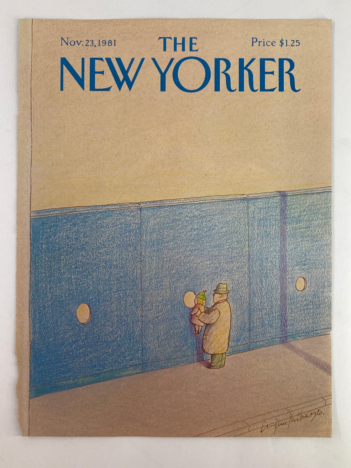 Cover Only The New Yorker November 23, 1981 showcasing the artwork "What's in the Hole?" by Eugene Mihaesco, illustrating a charming scene of a man holding a child near a wall.