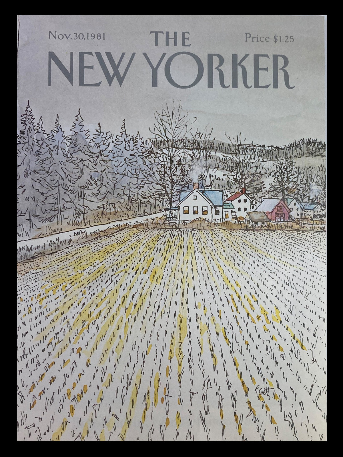 COVER ONLY The New Yorker November 30 1981 featuring 'Rice Fields' by Arthur Getz, showcasing a serene depiction of rice fields with homes in the background.