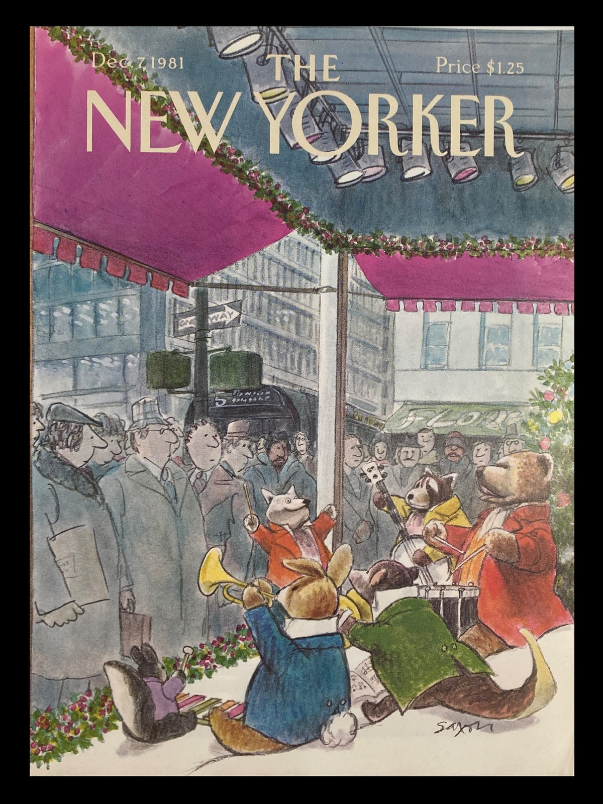 Cover of The New Yorker from December 7, 1981, featuring a whimsical animal show illustration by Charles Saxon, showcasing animals performing with instruments in a festive setting.
