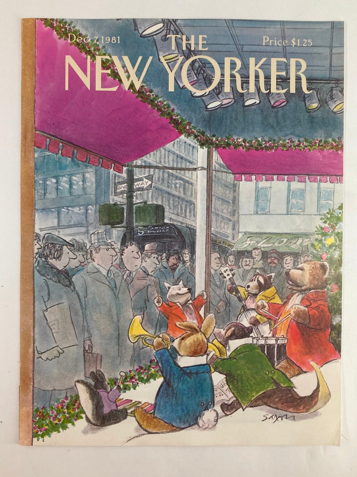 The New Yorker cover dated December 7, 1981, designed by Charles Saxon, depicting an enchanting animal show with colorful illustrations of animals playing instruments in a lively market atmosphere.