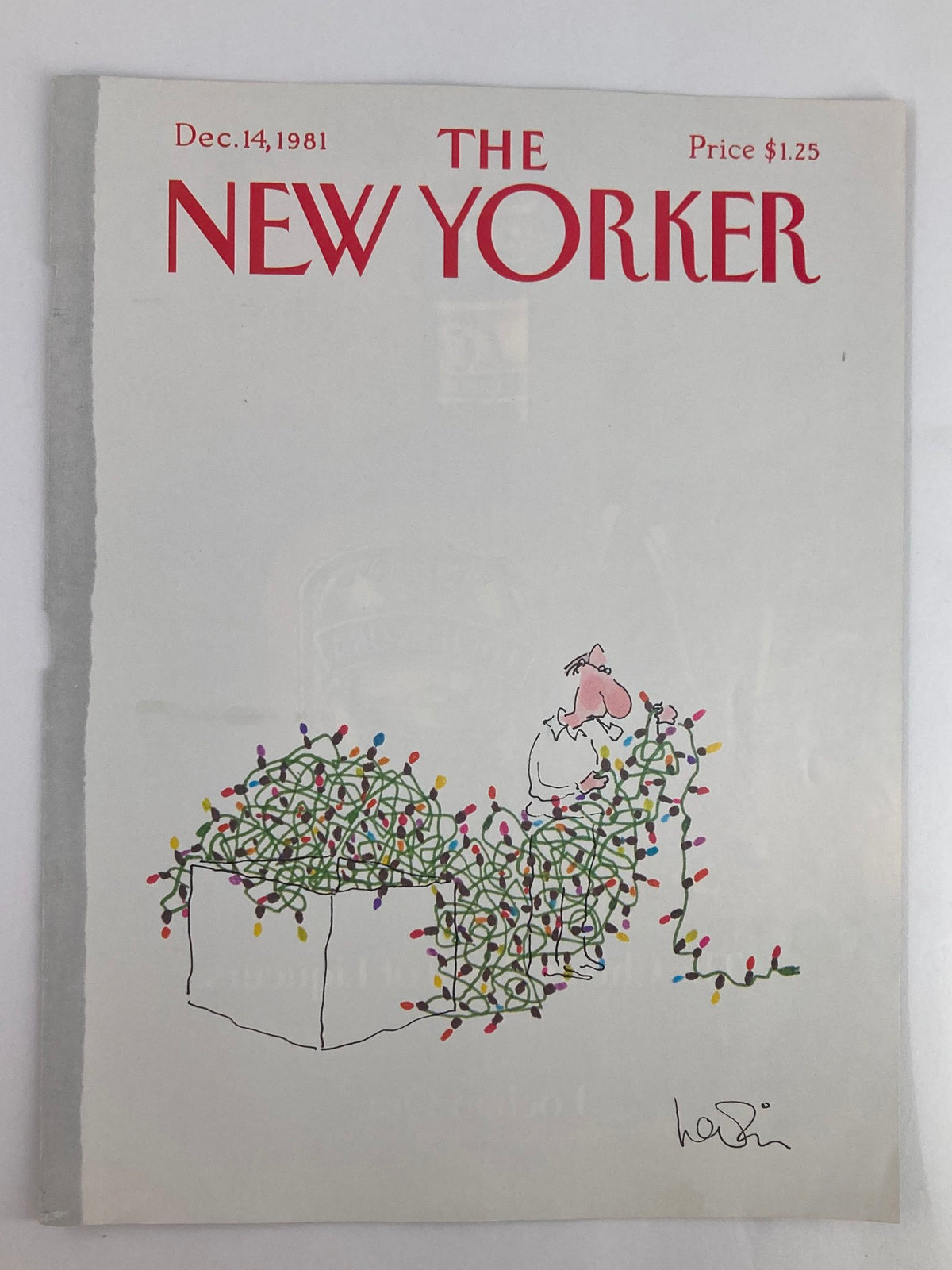 The New Yorker December 14, 1981 cover titled 'Preparing Lights' by Heidi Goennel, depicting a whimsical scene of a person arranging Christmas lights.