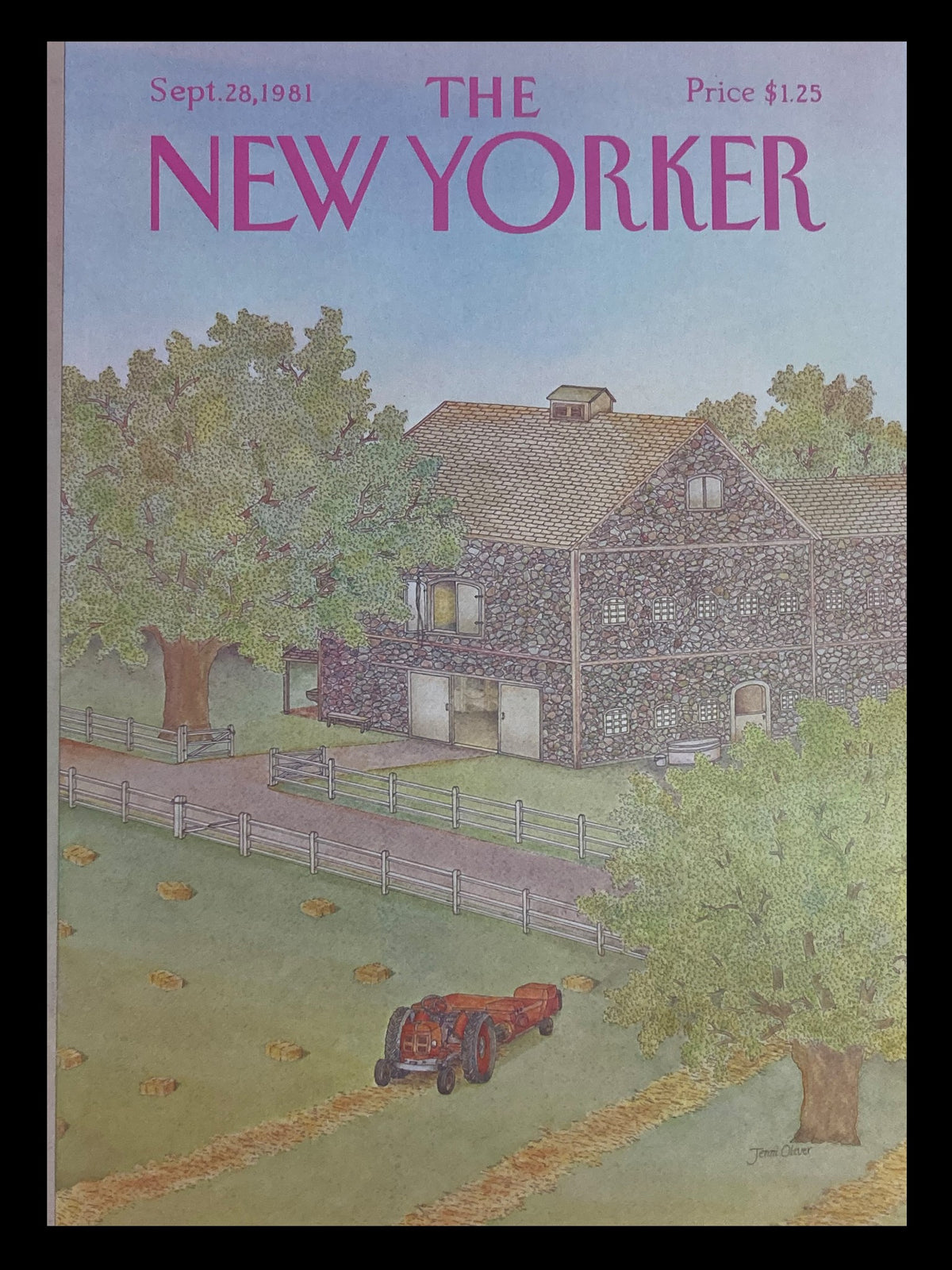 Cover of The New Yorker, September 28, 1981, featuring 'Farm Life' illustration by Jenni Oliver, depicting a rustic scene with a tractor in a field and a stone barn.