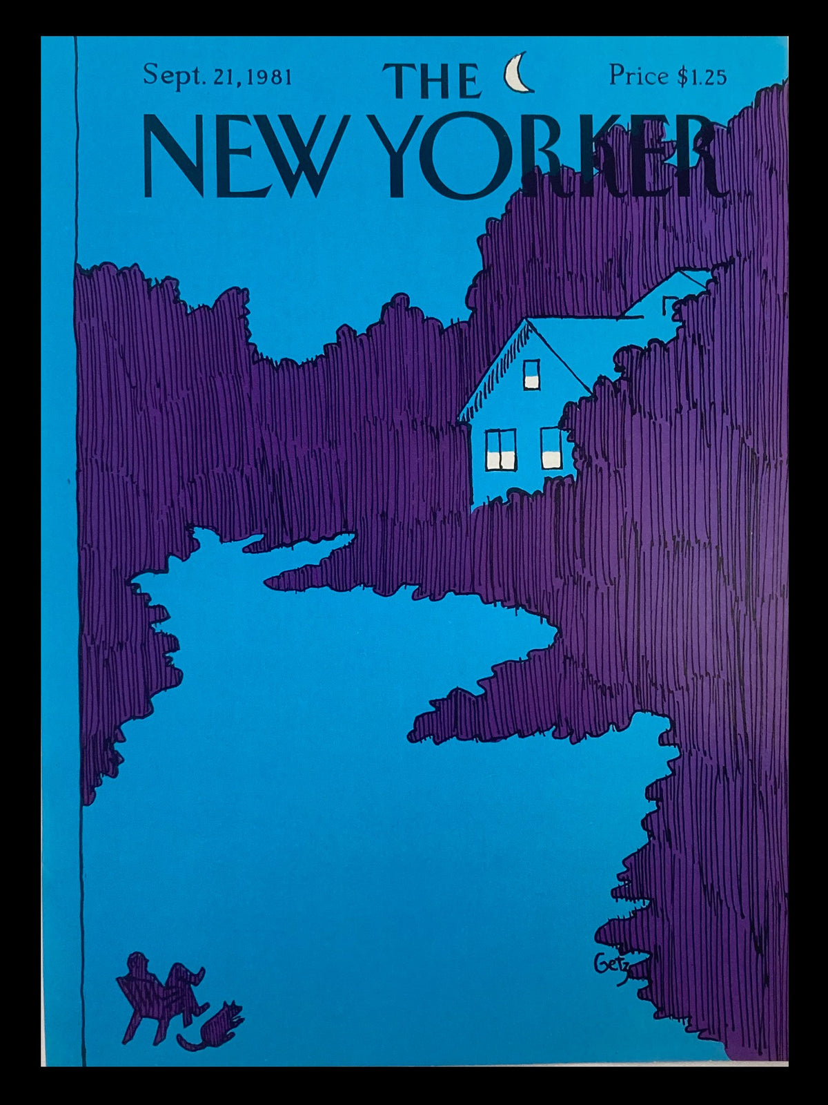 COVER ONLY The New Yorker September 12 1981 featuring Night Watch by Arthur Getz, showcasing vibrant blue and purple artwork with a house and trees.