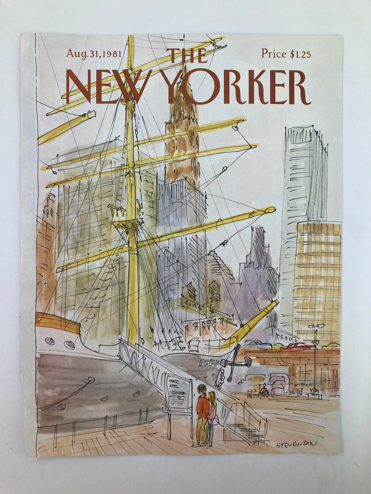 The New Yorker August 31 1981 magazine cover by James Stevenson, illustrating a charming couple admiring a ship in a city setting, highlighting vintage artwork.