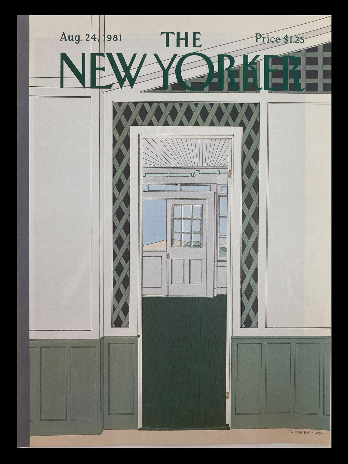 The New Yorker cover from August 24, 1981, titled 'The Door' by Gretchen Dow Simpson, showcasing an artistic depiction of a doorway with a green floor and architectural details.