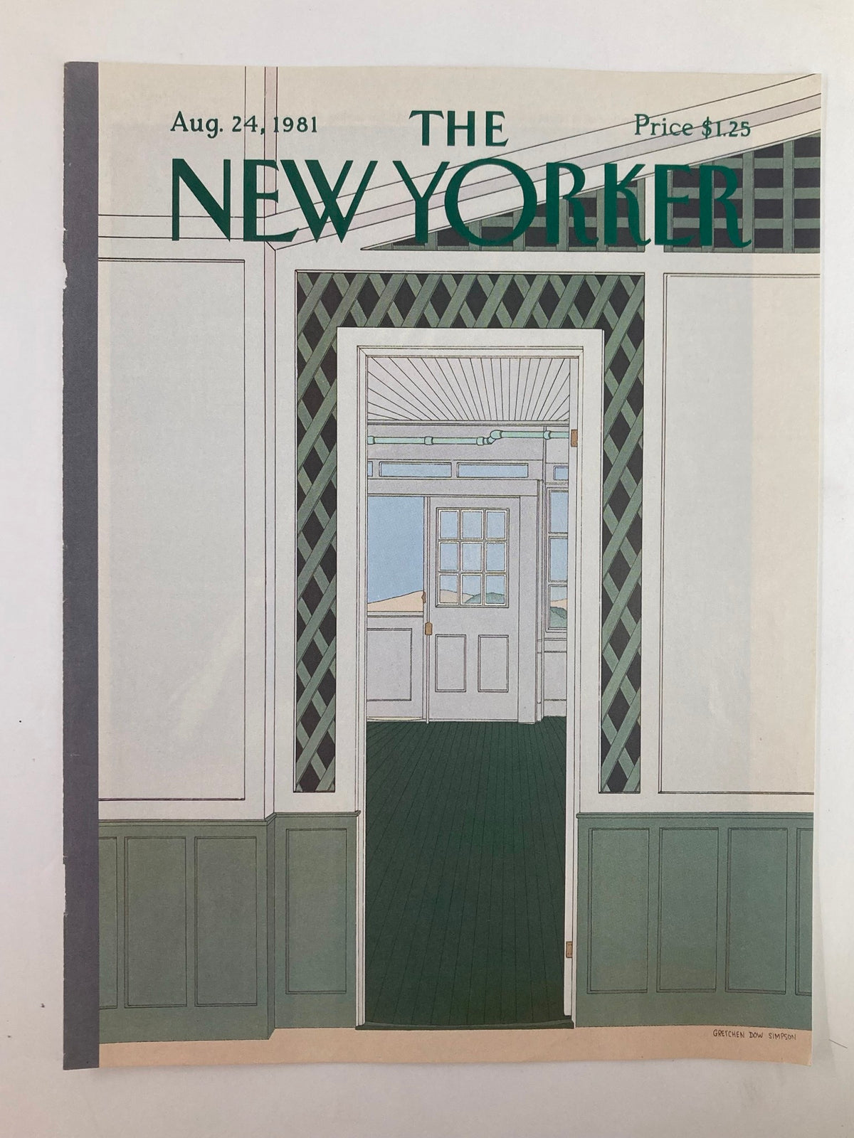 The New Yorker cover from August 24, 1981, featuring 'The Door' by Gretchen Dow Simpson, highlighting a colorful illustration of an interior space with intricate design elements.