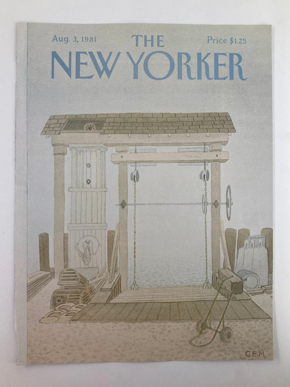 The New Yorker Cover August 3 1981 featuring Charles E. Martin's illustration that highlights a nostalgic fitness theme, complete with gym equipment against a calm seaside backdrop.