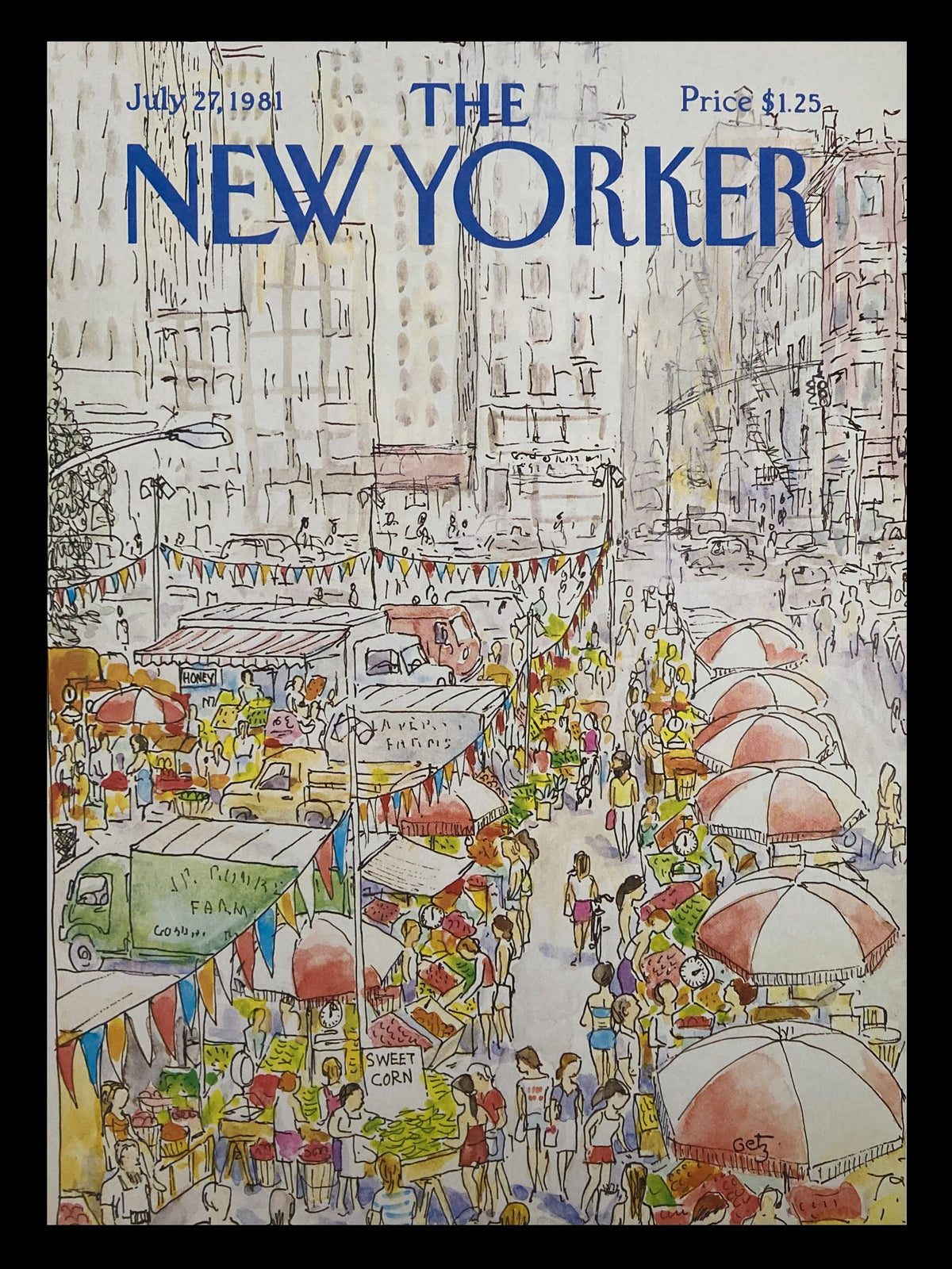 Cover of The New Yorker July 27 1981 featuring a vibrant illustration titled 'Beach Stalls' by Arthur Getz, showcasing a bustling street market with vendors and colorful umbrellas.